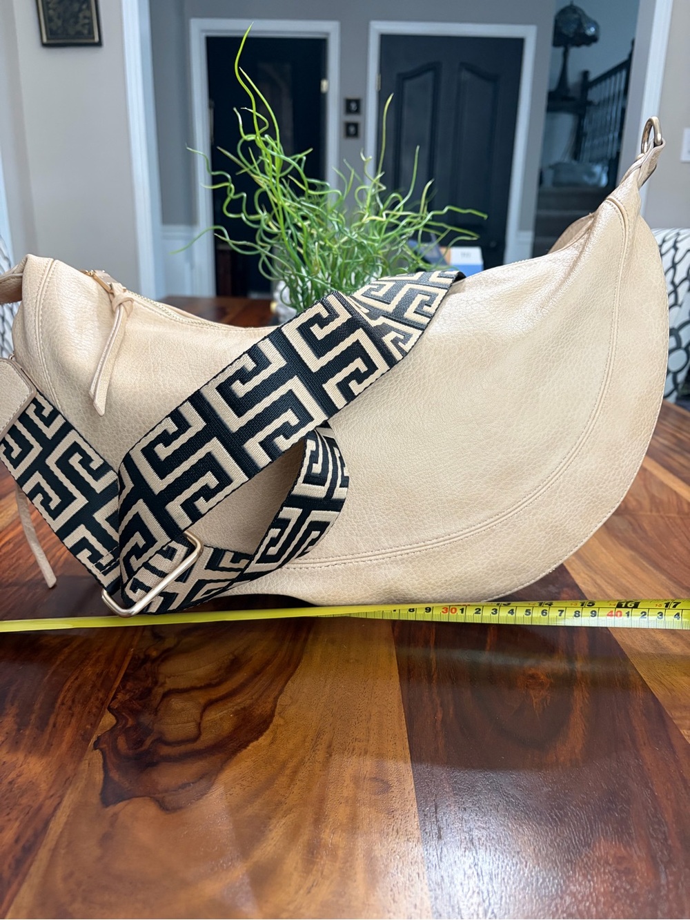 Anthropologie Cream vegan leather Hobo with Black-and-Cream Geometric Strap